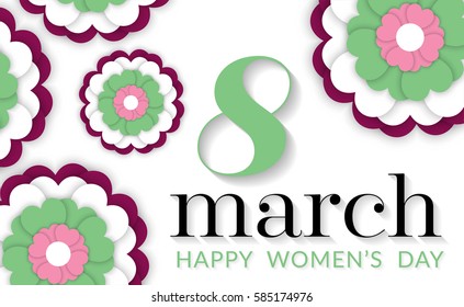 8 March international women's day.  Greeting card with green-white flowers on white background. Happy Women's Day. Vector illustration.