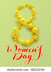 8 March International Womens Day. Yellow flower of acacia and lettering text on transparent background. Vector illustration