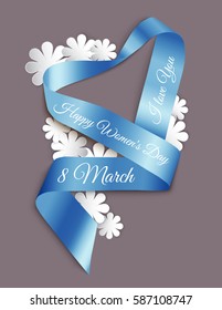 8 March, International Women's Day card with ribbon.