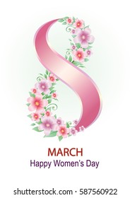 8 March International Women's Day with a ribbon and flowers on a light background. Vector illustration