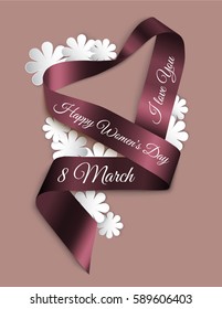 8 March, International Women's Day card with ribbon.