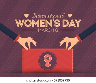 8 March International Women's Day Flat Style Background, Hands Hold Signboard