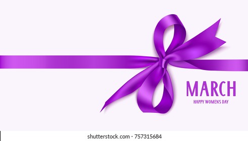 8 March International Women's Day design template. 8 march background with beautiful purple bow and horizontal purple ribbon. Holiday decoration. 