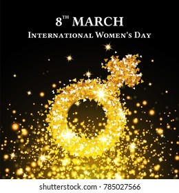 8 March International Women's Day Sign and Shining Gold Star on Dark Background for Web Banner, Greeting Card. Vector illustration