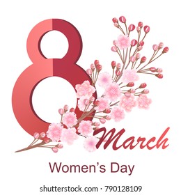 8 March International Women's Day. Greeting card template with cherry blossoms. Vector illustration.