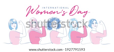 8 March - International Women's Day banner in continuous line art drawing. Hand drawn feminism minimalistic modern art. Girl power 'We Can Do it!' concept. Abstract minimal linear woman portrait.
