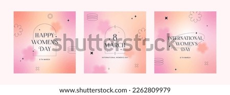 8 March. International Women's Day banner, set greeting card. Trendy gradients, blurred shapes, typography, y2k. Social media stories templates. Vector illustration for mobile apps, banner design.