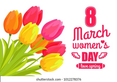 8 March ladys day, love spring lettering of pink color with ribbon tulips and flowers symbolic items, vector illustration isolated on white background