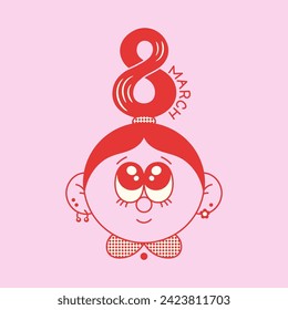 8 march lettering with a cute cartoon young woman (girl) face vector illustration. International Women's Day poster. Red and pink colors.