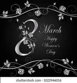 8 March lettering greeting card decorated with beautiful silver flowers on dark background.