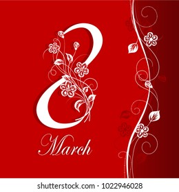 8 March lettering greeting card with beautiful flowers on red background.