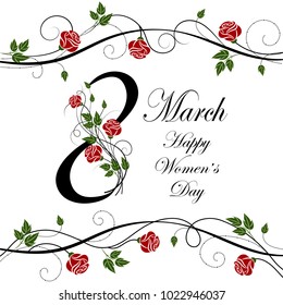 8 March lettering greeting card with beautiful flowers on white background.