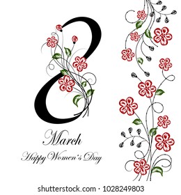 8 March lettering greeting card with beautiful flowers on white background.