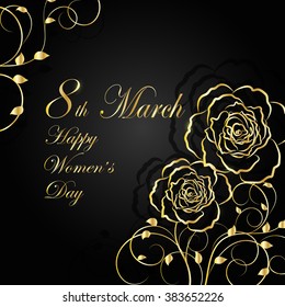 8 March lettering greeting card. Beautiful gold flowers on dark background with shadow.