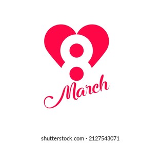 8 march lettering inside modern heart symbol. 8 inscription with heart. Heart template with red woman icon. Simple linear vector white background.