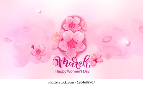 8 March lettering and number design. Holiday composition with pink flowers, hearts, pearls.  Happy women's day composition.