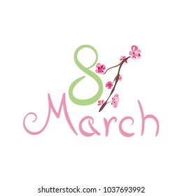 8 March lettering . Vector banner or poster with hand drawn cherry blossoms Minimalistic flat style without effects. Template illustration for international Women`s Day greeting card web app copyspace