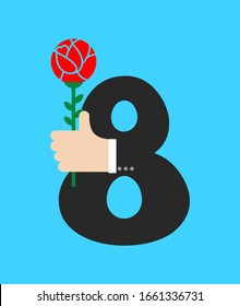  8 de marzo. La mano del hombre en la chaqueta da rosas. Símbolo de vacaciones. Ocho emblemas. Felicitaciones flor a mano. Día Internacional de la Mujer.