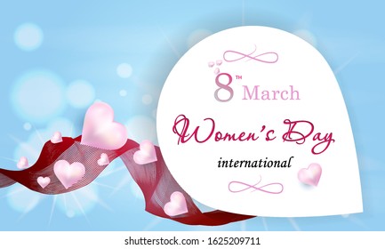 8 March Model of greeting card for women's day with  hearts. Vector Illustration