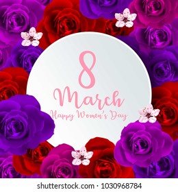 8 march modern background design with flowers. Happy women's day stylish greeting card with cherry blossoms.