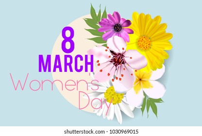 8 march modern background design with flowers. Happy women's day stylish greeting card with cherry blossoms.