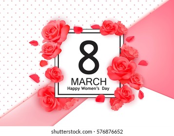 8 march modern background design with flowers. Happy women's day stylish greeting card. 