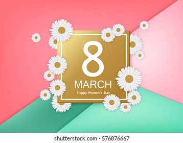 8 march modern background design with white flowers. Happy women's day stylish greeting card. 