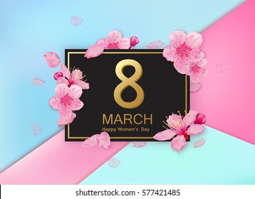 8 march modern background design with flowers. Happy women's day stylish greeting card with cherry blossoms. 