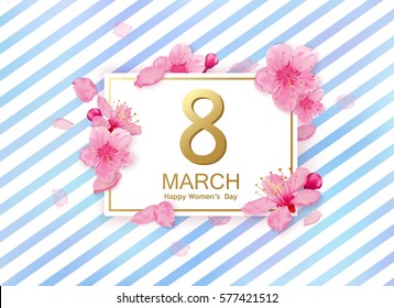 8 march modern background design with flowers. Happy women's day stylish greeting card with cherry blossoms. 