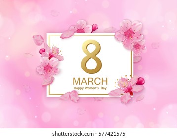 8 march modern background design with flowers. Happy women's day stylish greeting card with cherry blossoms. 