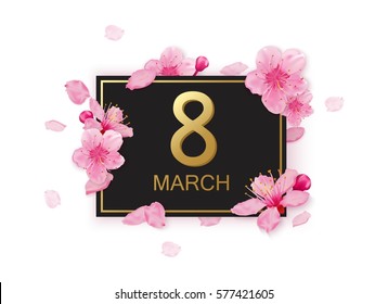 8 march modern background design with flowers. Happy women's day stylish greeting card with cherry blossoms. 