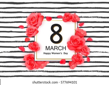 8 march modern background design with flowers and stripes. Happy women's day stylish greeting card. 