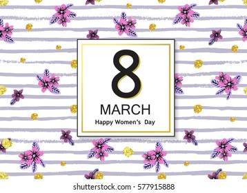 8 march modern background design with flowers and stripes. Happy women's day stylish greeting card.