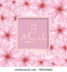 8 March modern background design with japanese sakura, cherry flowers. Happy women's day stylish greeting card. Spring floral vector illustration