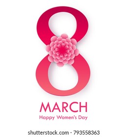 8 March modern background design with 3d paper  flowers. Happy women's day stylish greeting card. Spring floral vector illustration