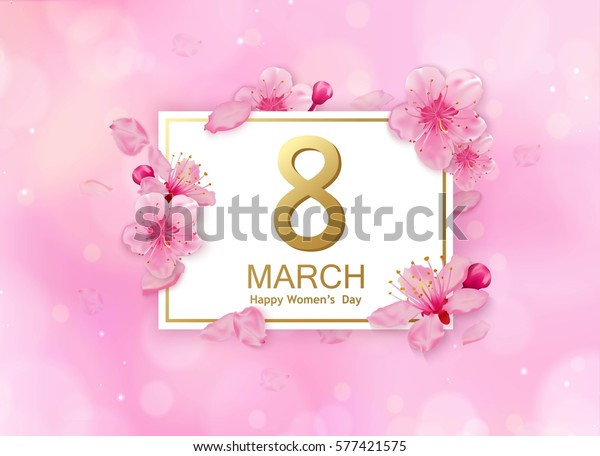 8 3 月现代背景设计与鲜花 快乐的女性节时尚贺卡樱花 库存矢量图 免版税