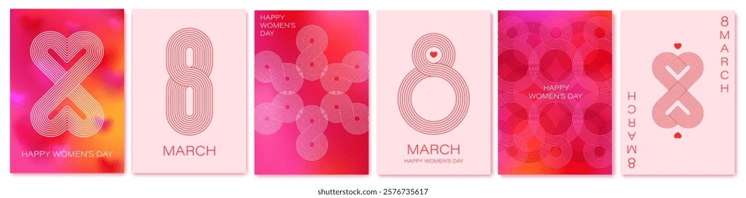 8 March modern card template. Color gradient backgrounds. lnternational Women's Day holiday graphic design. Vector illustration.