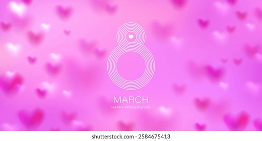 8 March modern card template. Pink, violet hearts in the sky. Line style number 8 design.  lnternational Women's Day holiday graphic design. Vector illustration.