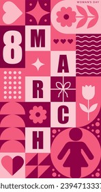 Afiche neogeométrico moderno de 8 de marzo. Día Internacional de la Mujer. Resumen de fondo con iconos simples en bauhaus estilo minimalista. Ilustración vectorial. Plantilla de tarjeta de felicitación de moda.