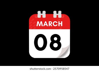 8 March month single day vector, illustration, calendar with red, gray, white and black color background calendar March 8