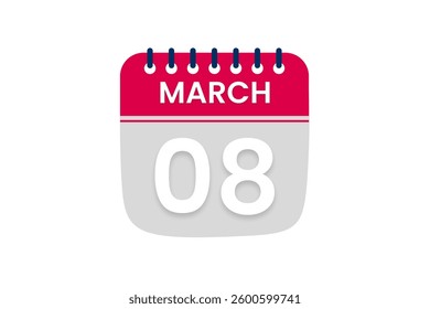 8 March month single day vector, illustration, calendar with red, off white and white color background calendar March 8