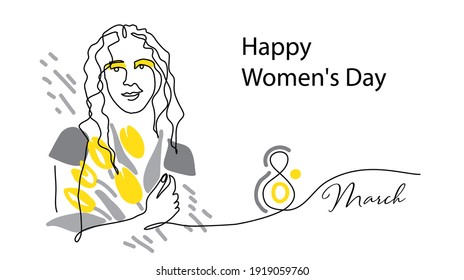 8 March mother greeting, invitation, congratulation card. Face line art with tulips, one continuous line drawing portrait. Modern lineart vector woman with spring flowers.