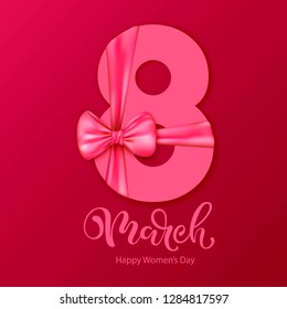8 March number design with red bow and ribbon, Happy Women's Day vector illustration.