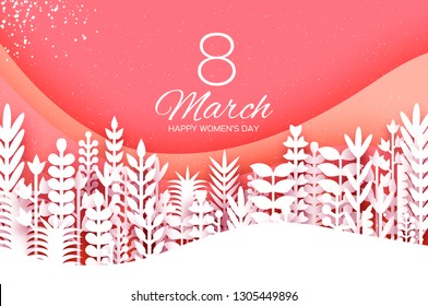 8 March. Origami Spring Flowers for Happy Womens day. Mixed white Paper cut outs plants, flowers, palm tropical leaves for window display. Space for text. Trendy coral. Mothers Day. Happy holidays.