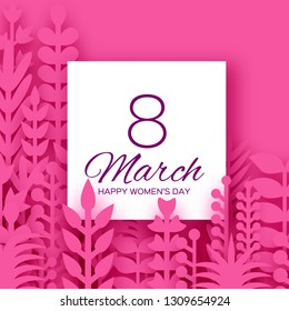 8 March. Origami Spring Flowers for Happy Womens day. Mixed Pink Paper cut outs plants, flowers, tropical leaves for window display. Square frame for text. Mothers Day. Happy holidays.