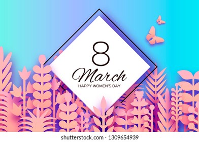 8 March. Origami Spring Flowers for Happy Womens day. Mixed Coral Paper cut outs plants, flowers, butterflies, leaves for window display. Rhombus frame. Mothers Day. Happy holidays on blue.