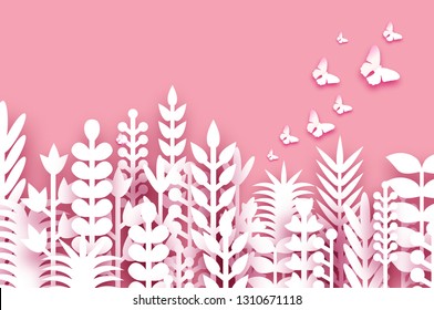 8 March. Origami Spring Flowers. Happy Womens day. Mixed white Paper cut flowers, tropical leaves, butterflies for window display. Space for text. Trendy coral .Mothers Day. Happy holidays