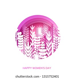 8 March. Origami Spring Flowers for Happy Womens day. Mixed Paper cut out flowers, palm tropical leaves for window display. Circle Frame, space for text. Pink. Mothers Day. Happy holidays.