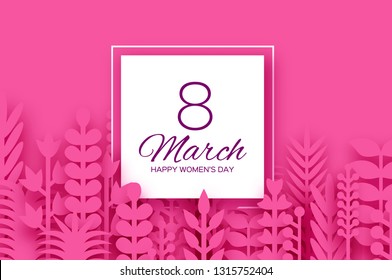 8 March. Origami Spring Flowers for Happy Womens day. Mixed pink Paper cut outs plants, flowers, palm tropical leaves for window display. Square frame for text. Mothers Day. Happy holidays.