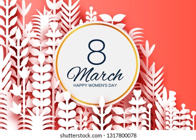 8 March. Origami Spring Flowers for Happy Womens day. Mixed White Paper cut outs plants, flowers, tropical leaves for window display. Circle frame for text. Mothers Day. Happy holidays on coral.